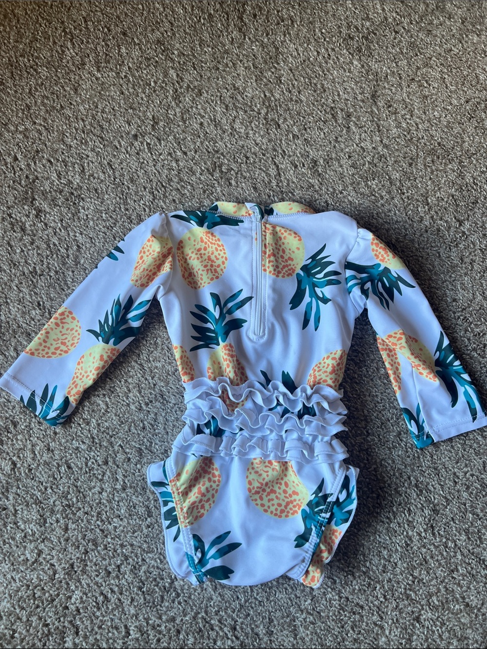 Girls White Pineapple Ruffle Long-Sleeve Swimsuit